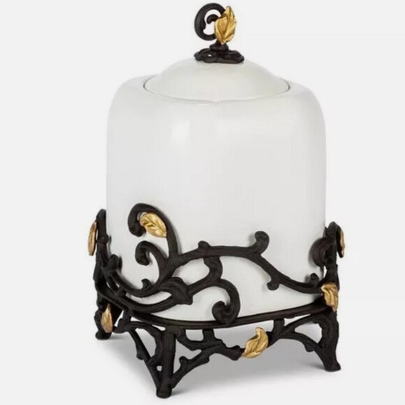 GG Collection SMALL White Stoneware Canister w/Metal & Gold Leaf Base NEW+ VHTF